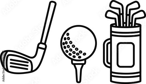 Black and white line of golf club golf ball on tee and golf bag with clubs