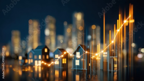 Abstract representation of real estate growth with illuminated houses and upward trend graph overlay on a city skyline during nighttime featuring glowing skyscrapers
