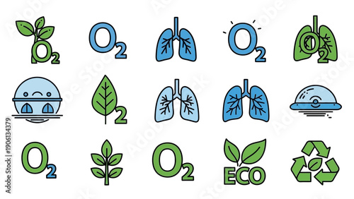 Ecological balance illustrated with lungs, leaves, and recycling symbols showcasing environmental harmony and sustainability in a clean graphic representation from various viewpoints