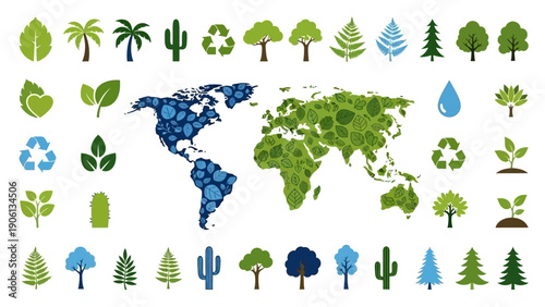 Global Sustainability Efforts Illustrated with Eco-Friendly Icons and World Map