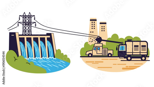 Industrial machinery operating at a dam with water flow and power transmission lines in a landscape view