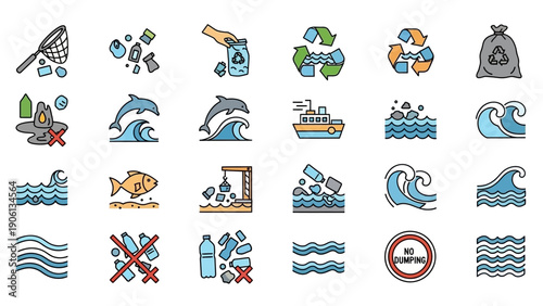 Collection of ocean conservation icons featuring marine life and eco-friendly symbols in a modern flat design style