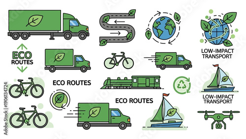 Eco-friendly transportation methods including trucks bicycles and sailboats for low-impact travel and reduced carbon footprint illustrations
