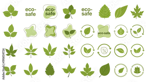 Collection of eco-safe icons and green leaves illustrating environmental sustainability concepts from a top-down viewpoint