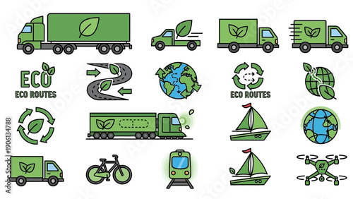 Eco-friendly transportation methods and routes illustrated with vehicles, bicycles, and global symbols in a digital graphic design
