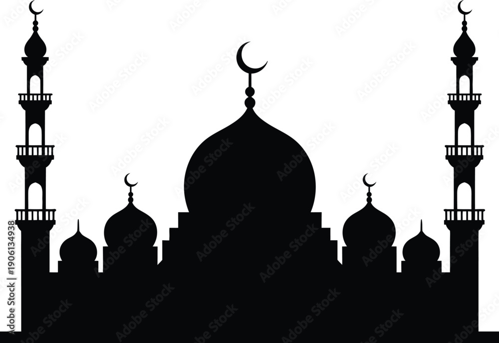Fototapeta premium Black silhouette mosque with domes and minarets against white background