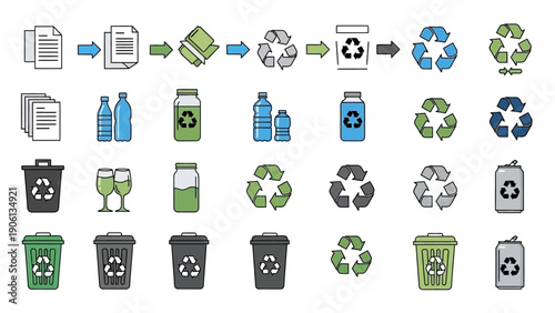 Illustration of recycling process icons and symbols showcasing waste management and sustainability practices