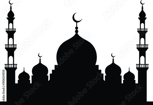 Black silhouette mosque with domes and minarets against white background