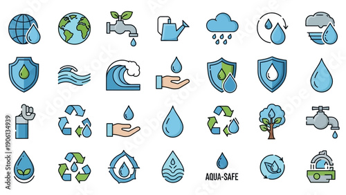 Collection of water conservation icons featuring eco-friendly symbols for environmental protection and sustainability initiatives