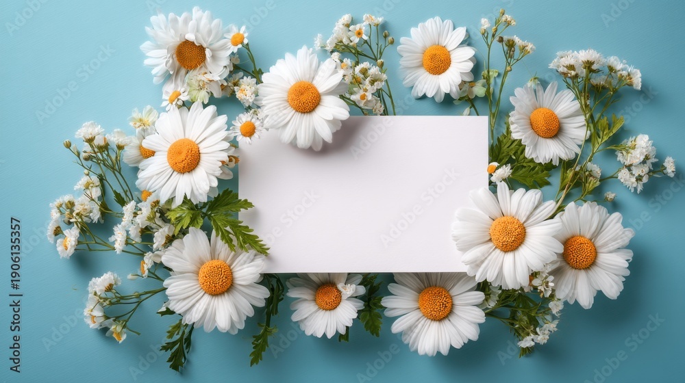 Fototapeta premium Beautiful Flat Lay Arrangement of Daisies and Wildflowers Surrounding a Blank Card on a Soft Blue Background Ideal for Invitations, Announcements, or Creative Projects