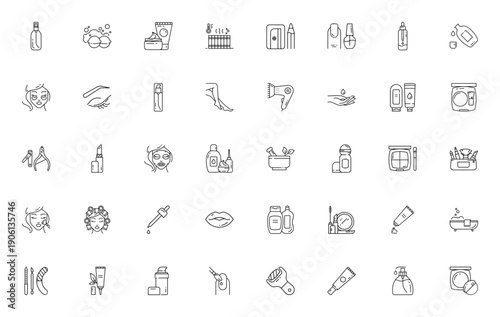 Cosmetics icon set. Vector beauty and skincare symbols. Includes spray, cream, lipstick, mascara, shampoo, moisturizer, manicure, powder and more. Editable line icons.