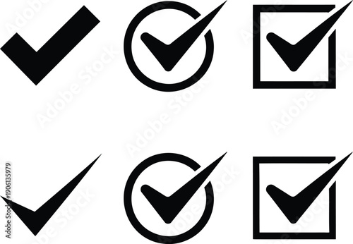 Six black checkmark symbols in different styles and shapes on white background tick