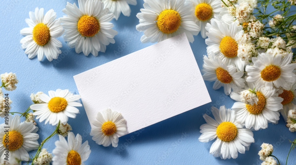 Obraz premium Elegant Composition of White Daisy Flowers Surrounding a Blank Business Card on a Soft Blue Background, Perfect for Personal or Professional Branding Needs