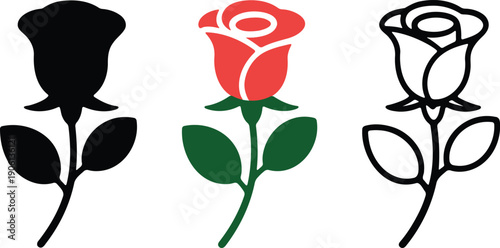 Three stylized roses in black red and outline with green leaves on stems
