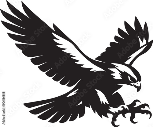 Majestic eagle swooping with talons extended, dynamic and predatory black and white vector illustration