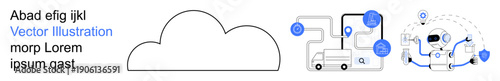 Cloud storage, AI technology, automation tools, logistics management, data flow, digital transformation. Cloud outline, truck connections search icons. Cloud storage and AI technology context