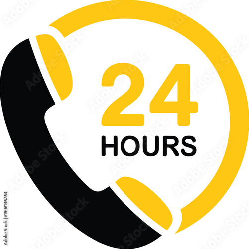 Yellow and black circular with a telephone receiver and 24 hours text white circle