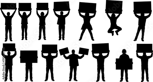People holding blank placards silhouettes set illustrating protest demonstration advertising concepts isolated on white background for activism, marketing, social movement, announcement design
