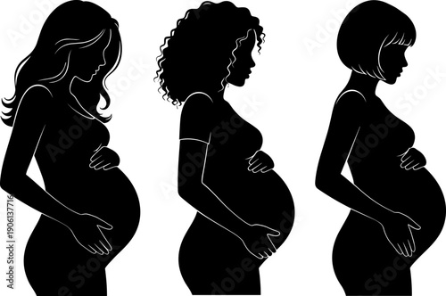 Pregnant woman silhouette collection in side profile featuring diverse hairstyles and maternity body shapes, ideal for pregnancy education, motherhood design, prenatal healthcare visuals 