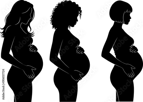Pregnant woman silhouette collection showing maternity stages and diverse female profiles, motherhood, pregnancy care and prenatal health concept in elegant black vector illustration isolated on white