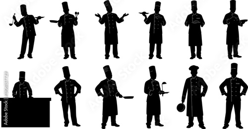 Professional chef silhouette collection showing cooking poses, kitchen tools and culinary roles, ideal for restaurant branding, food service design, cooking education, menu graphics