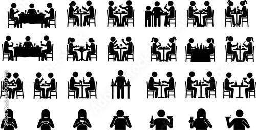 Restaurant dining people silhouette set showing couples and groups eating, drinking, and socializing at tables for hospitality, food service, lifestyle concepts, and vector illustration use