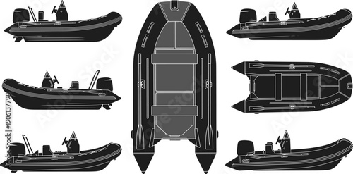 Rigid inflatable boat silhouette and vector illustration showing rib vessel top, side, and profile views for maritime rescue, patrol, marine transport, and nautical design use
