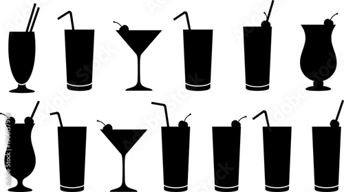 Set of cocktail and beverage glass silhouettes including martini and drink cups, black bar drink icon collection isolated on white background for menu design
