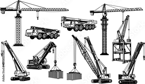 Set of construction cranes and heavy lifting machinery illustrations including tower crane mobile crane crawler crane equipment for industrial building sites engineering projects