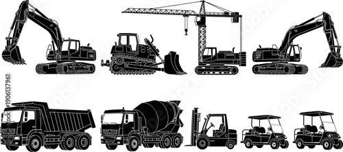Set of construction vehicles silhouettes including excavator, bulldozer, crane, dump truck, concrete mixer, forklift and utility carts, black vector illustrations isolated on white background