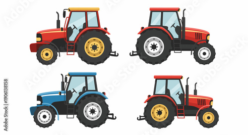 Collection of four agricultural tractor illustrations showing different styles and colors of farm machinery