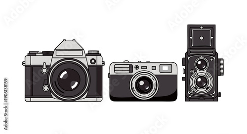 Collection of three vintage film cameras including slr rangefinder and twin lens reflex styles