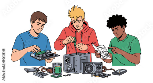 Three young friends collaborating together to build a custom desktop personal computer system