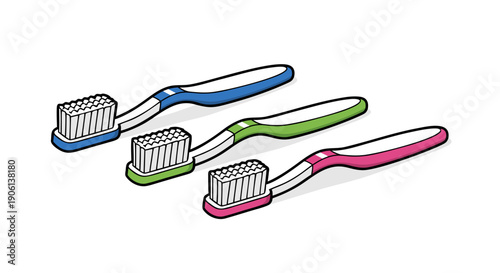 Three colorful manual toothbrushes arranged diagonally for dental hygiene concept illustration