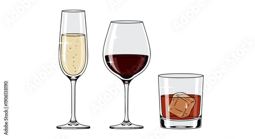 Assortment of three different alcoholic beverage glasses including champagne wine and whiskey illustrations