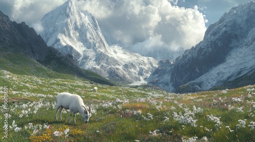 Wallpaper Mural Alpine meadow with snow-capped peaks Torontodigital.ca