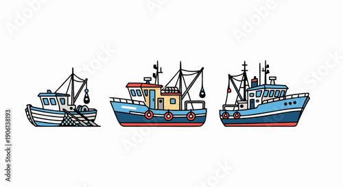 Three different styles of charming cartoon fishing trawler boats isolated on a white background