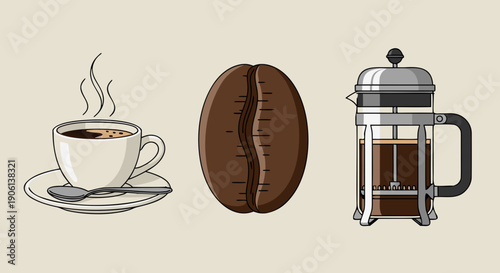 Illustration of essential coffee preparation elements including a steaming cup a single bean and a press