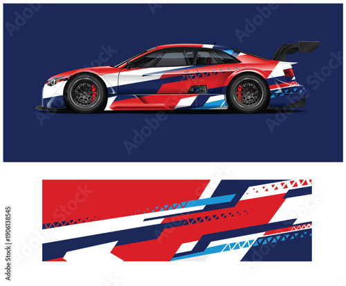 Red white and blue race car with union jack design