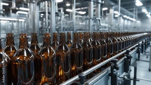 Wallpaper Mural Amber glass bottles move along a factory conveyor belt Torontodigital.ca