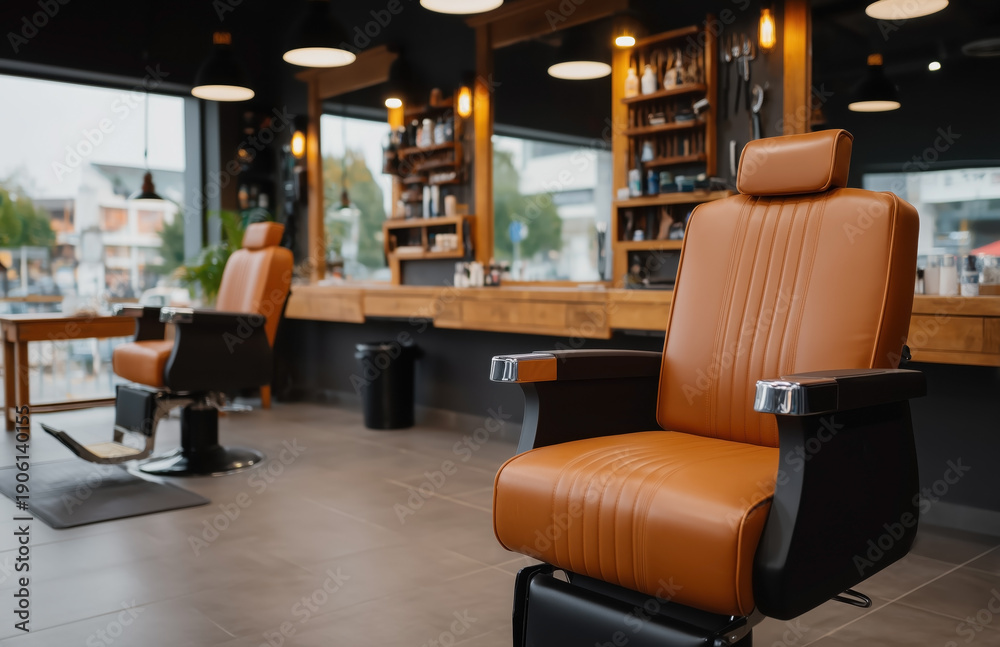 custom made wallpaper toronto digitalModern barbershop interior with leather chairs wood shelves professional grooming workspace design