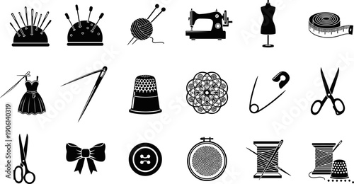 Sewing and tailoring silhouettes icon set featuring needles pins scissors thread mannequin sewing machine and craft tools, black vector illustration isolated on white background for fashion design