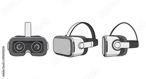 Collection of virtual reality headset illustrations shown from front side and profile views