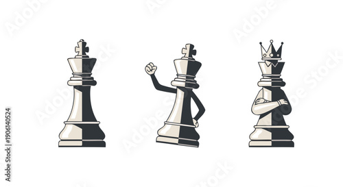 Three stylized black and white chess king pieces showing different moods and stages of competition success