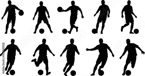 Soccer player silhouettes set illustrating football dribbling passing and kicking actions, dynamic male athlete poses isolated on white background for sports design and training concepts