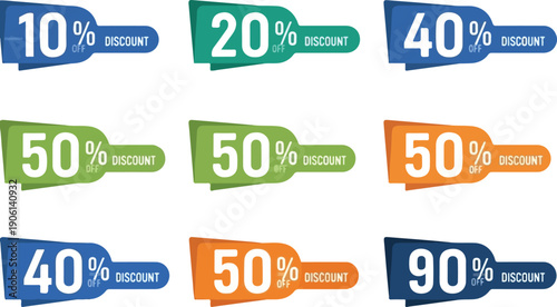 Collection of colorful discount banners with varying percentage labels displayed together