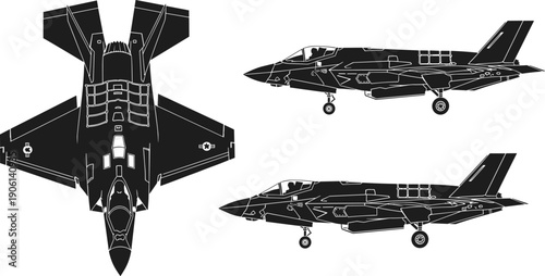Stealth Fighter Jet Silhouette Set Displaying Top and Side Views of Modern Military Aircraft, Advanced Air Force Technology, Tactical Combat Aviation, and Defense Power Concept