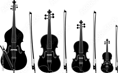 String instrument silhouette collection featuring violin, viola, cello, double bass and bows, black classical music instrument icons isolated on white background for orchestra design