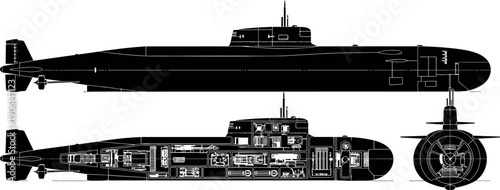 Submarine blueprint silhouettes showing side top and front views with cutaway technical details, military naval vessel illustration isolated on white background design schematic