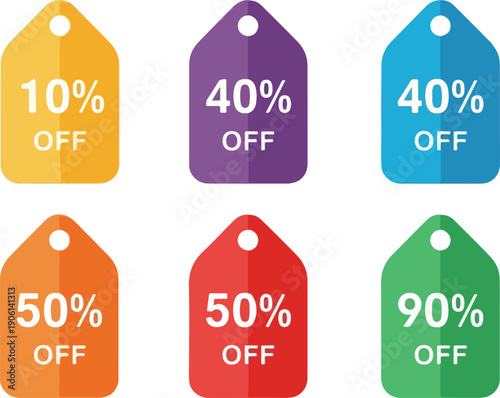 Collection of colorful discount tags with various percentage off labels displayed prominently in a grid arrangement